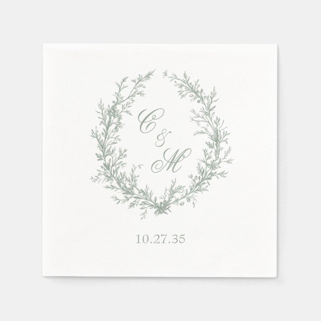 Sage Green Monogram Botanical Wreath Wedding Napkin (Front)