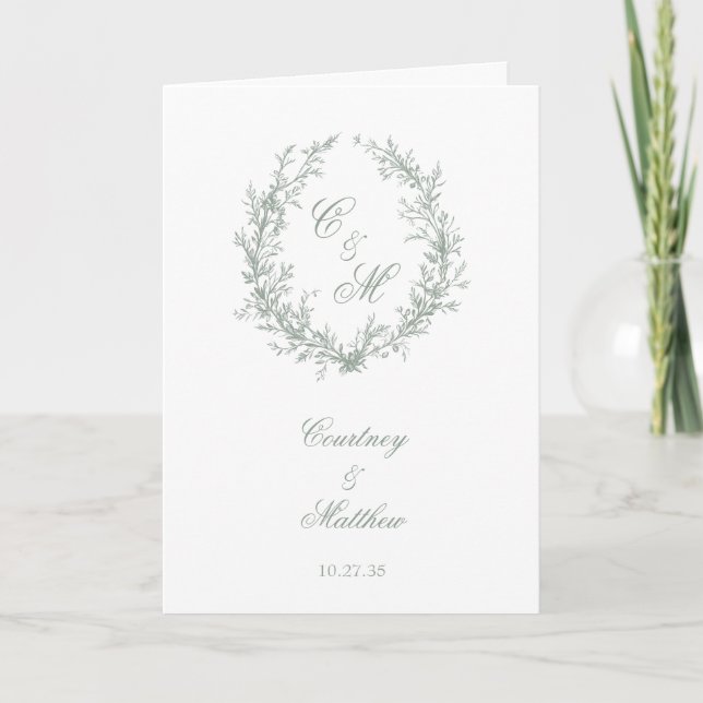 Sage Green Monogram Botanical Wreath Wedding Programme (Front)