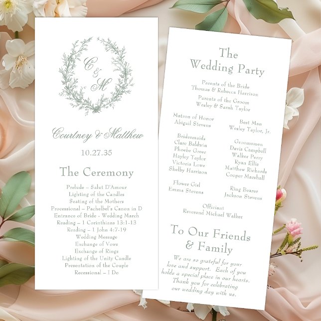 Sage Green Monogram Botanical Wreath Wedding Programme (Creator Uploaded)