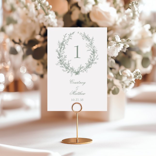 Sage Green Monogram Botanical Wreath Wedding Table Number (Creator Uploaded)