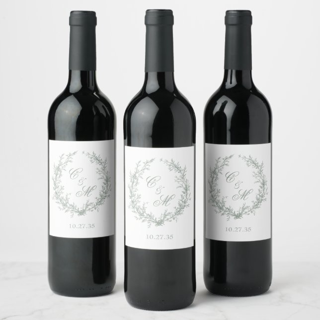 Sage Green Monogram Botanical Wreath Wedding Wine Label (Bottles)