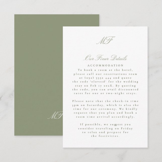 Sage Green Monogram Classic Wedding Details Info Enclosure Card (Front/Back)