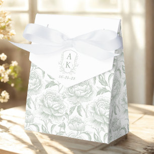 Sage Green Monogram Crest Chinoiserie Peonies Favour Box