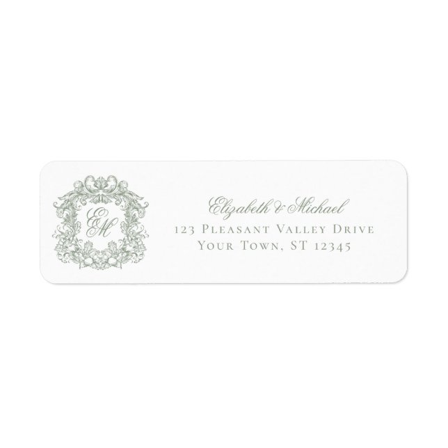 Sage Green Monogram Crest Wedding Return Address (Front)