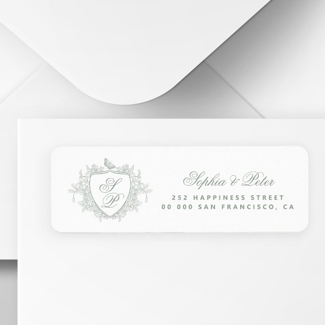 Sage green monogram crest wedding return address (Creator Uploaded)
