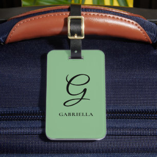 Sage Green Monogram Custom Calligraphy Initial Luggage Tag