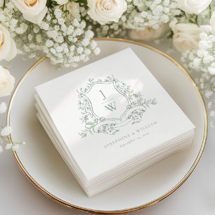 Sage Green Monogram Floral Crest Elegant Wedding Napkin