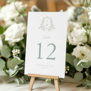 Sage Green Monogram Floral Crest Elegant Wedding Table Number