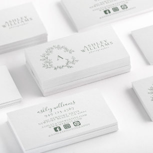 Sage Green Monogram Floral Crest Professional Business Card