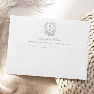 Sage Green Monogram Floral Crest Wedding Envelope
