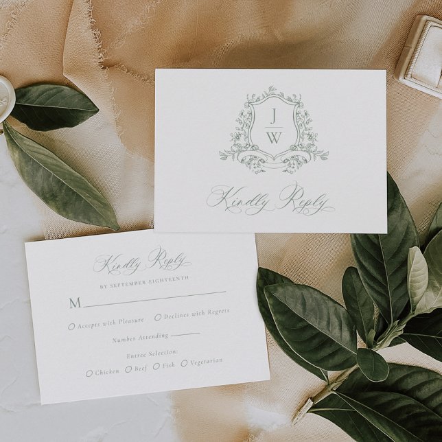 Sage Green Monogram Floral Crest Wedding RSVP Card (Creator Uploaded)