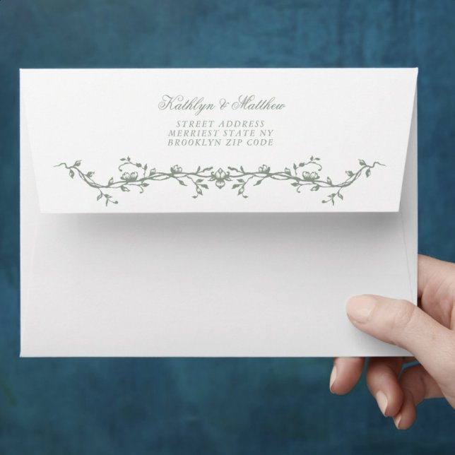 Sage Green Monogram Floral Vintage Floral Wedding Envelope (Creator Uploaded)