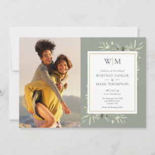 Sage Green Monogram Greenery Photo Wedding Invitation