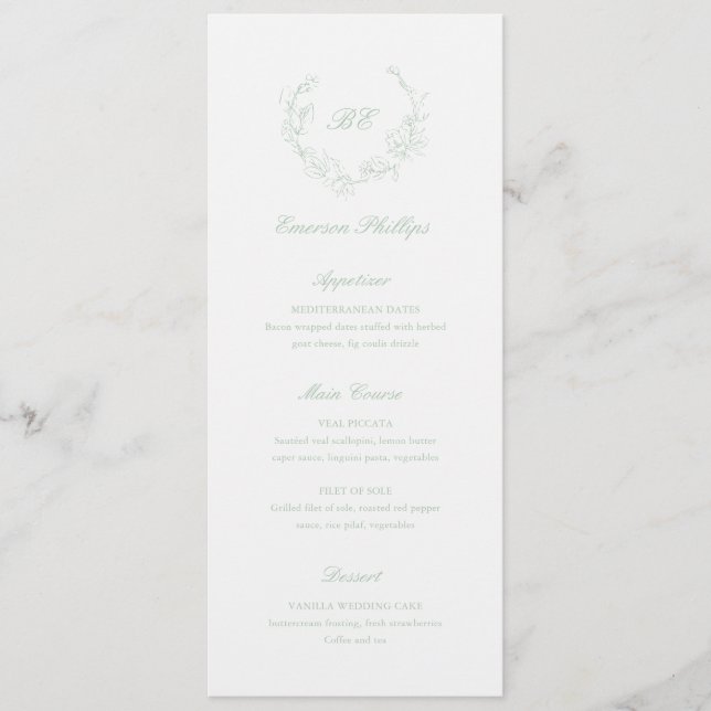 Sage Green Monogram Guest Name Elegant Wedding Menu (Front)