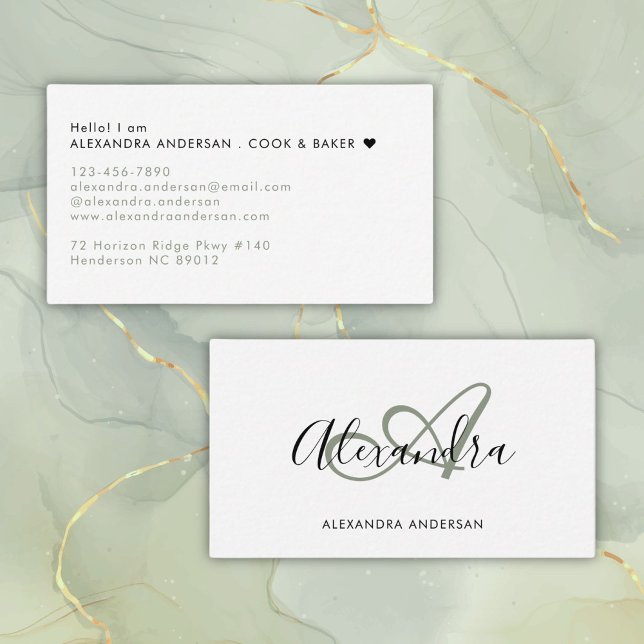 Sage Green Monogram Initial Script Name Business Card (Elegant Monogram Sage Green Black Script Name Business Card)