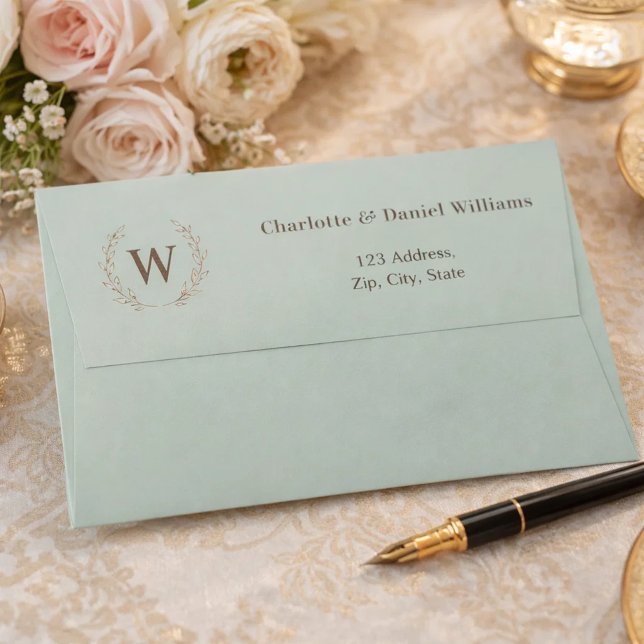 Sage green monogram initial wreath return address envelope (Creator Uploaded)
