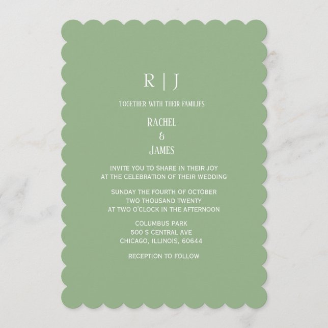 Sage Green Monogram Initials Classy Simple Wedding Invitation (Front)