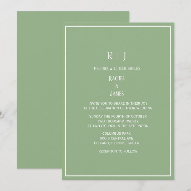 Sage Green Monogram Initials Elegant Wedding Invitation (Front/Back)