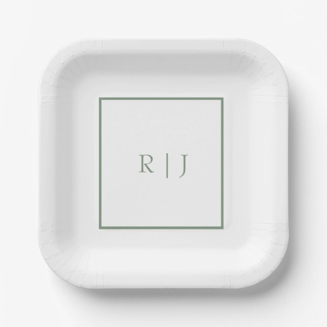 Sage Green Monogram Initials White Simple Wedding Paper Plate (Front)