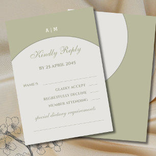 Sage Green Monogram Japandi Wedding RSVP Card 