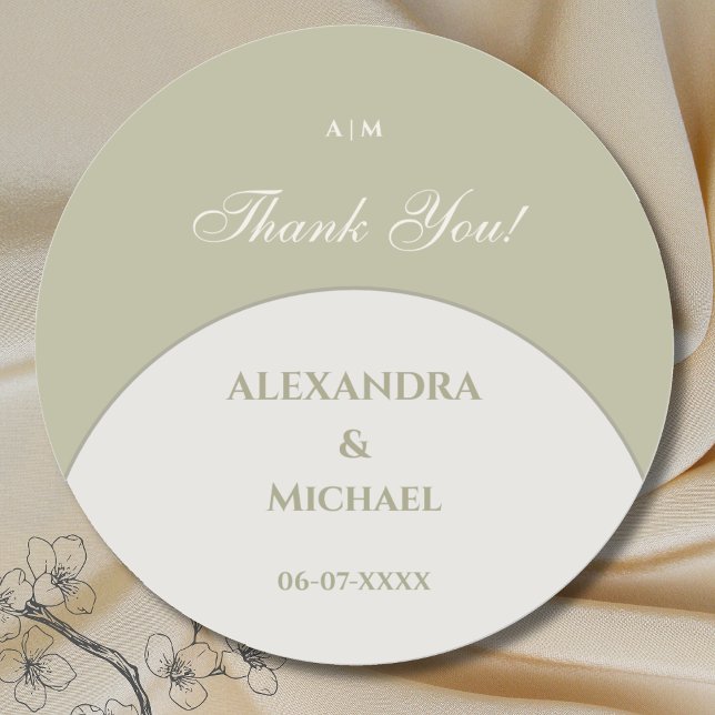 Sage Green Monogram Japandi Wedding Thank You Classic Round Sticker (Creator Uploaded)