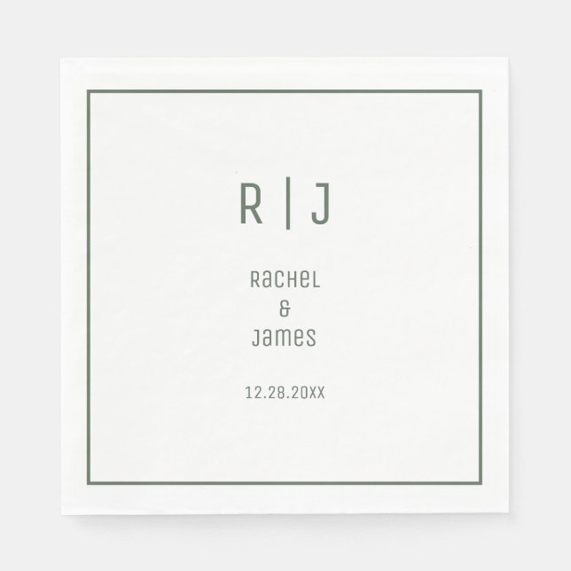 Sage Green Monogram Minimal Elegant Modern Wedding Napkin (Front)