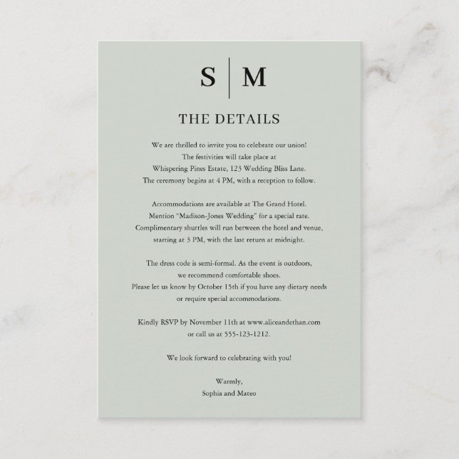 Sage Green Monogram Minimalist Wedding Details Enclosure Card (Front)
