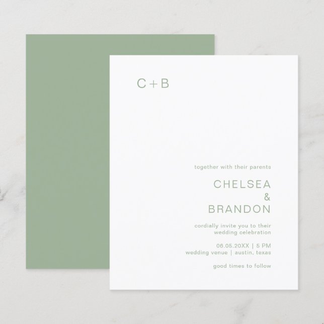 Sage Green Monogram Modern Budget Wedding Invite (Front/Back)