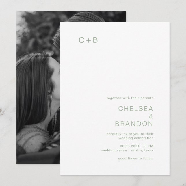 Sage Green Monogram Modern Wedding Invitation (Front/Back)
