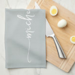 Sage Green Monogram Name Calligraphy Script Tea Towel<br><div class="desc">Chic Modern Elegant Sage Green Monogram Name Signature Script Custom Personalised Kitchen Towel. Featuring custom name in a hand lettered swash tail font calligraphy (or typography) on sage green or dusty green colour background. These are easy to customise it. Great stylish feminine housewarming gift, mother’s day, also for birthday, wedding,...</div>