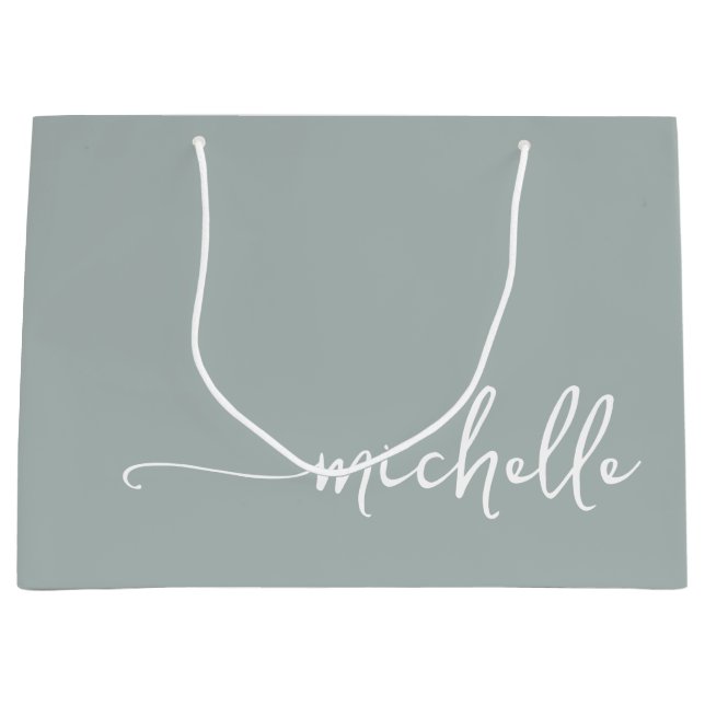 Sage Green Monogram Name Script Calligraphy Large Gift Bag (Front)