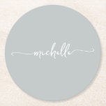 Sage Green Monogram Name Script Signature Round Paper Coaster<br><div class="desc">Girly Sage Green Modern Monogram Name Signature Script Custom Personalised Round Paper Coaster. These design featuring your first name in a pretty hand lettered style swash tail font signature typography on sage green or dusty green colour background. So easy to customise. Great stylish feminine housewarming gift, also for birthday, wedding,...</div>