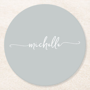 Sage Green Monogram Name Script Signature Round Paper Coaster