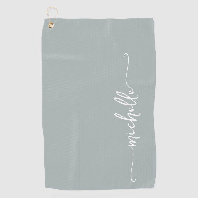 Sage Green Monogram Name Stylish Script Golf Towel (Front)