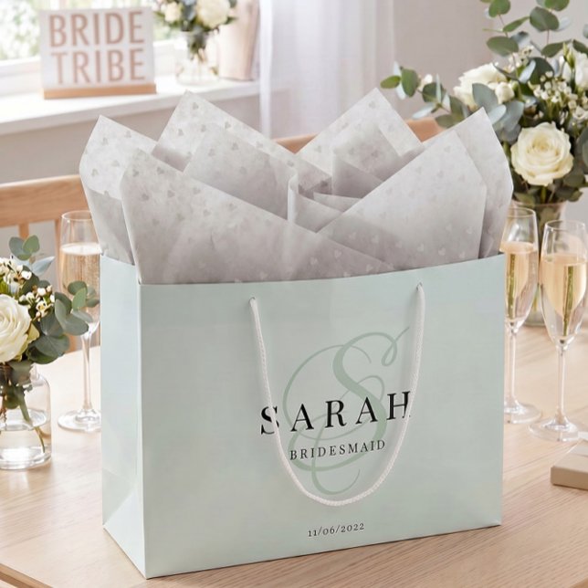 Sage Green Monogram Personalised Bridesmaid Large Gift Bag (Creator Uploaded)