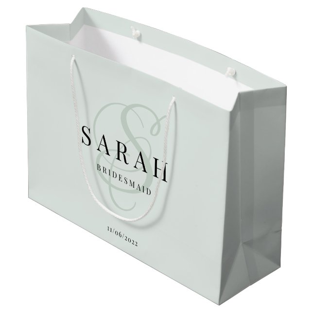 Sage Green Monogram Personalised Bridesmaid Large Gift Bag (Back Angled)