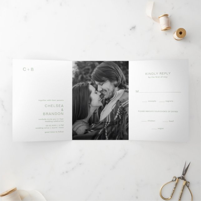 Sage Green Monogram Photo Modern Wedding Tri-Fold Invitation (Inside)