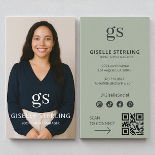 Sage Green Monogram Photo Social Media QR Code Business Card