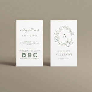Sage Green Monogram Professional Floral Crest  Business Card