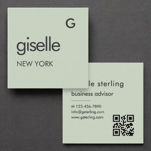 Sage Green Monogram QR Code Minimalist Square Business Card