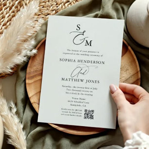 Sage Green Monogram QR Code Photo Wedding Invitation