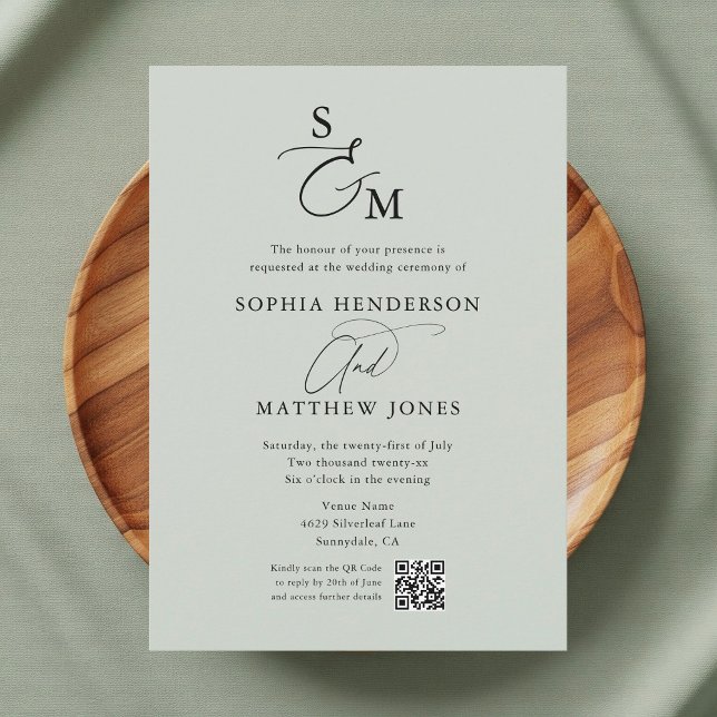 Sage Green Monogram QR Code Photo Wedding Invitation (Creator Uploaded)