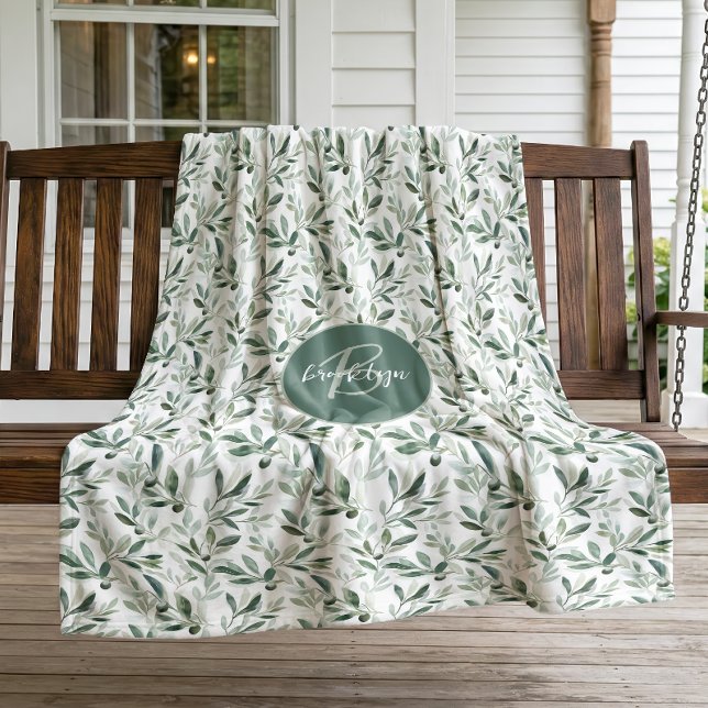 Sage Green Monogram Rustic Olive Pattern Fleece Blanket (Creator Uploaded)