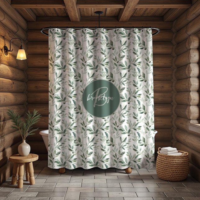 Sage Green Monogram Rustic Olive Pattern Shower Curtain (Creator Uploaded)