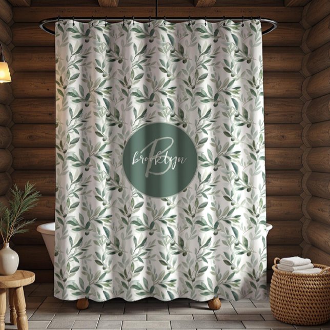 Sage Green Monogram Rustic Olive Pattern Shower Curtain (Creator Uploaded)