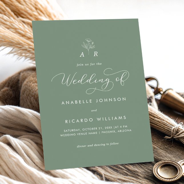 Sage Green Monogram Script Photo QR Code Wedding Invitation (Creator Uploaded)