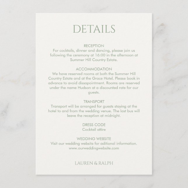 Sage Green | Monogram Wedding Details  Enclosure Card (Front)