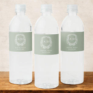 Sage Green Monogram Wedding Floral Crest Water Bottle Label