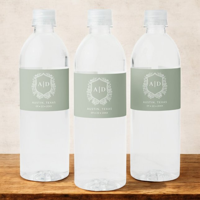 Sage Green Monogram Wedding Floral Crest Water Bottle Label (Creator Uploaded)