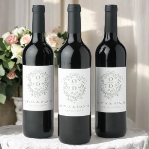 Sage Green Monogram Wedding Floral Crest Wine Label